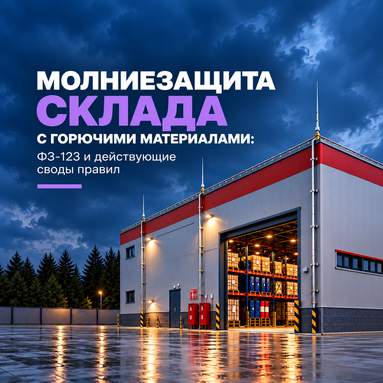 Молниезащита склада с горючими материалами: Ф3-123 и действующие своды и правила